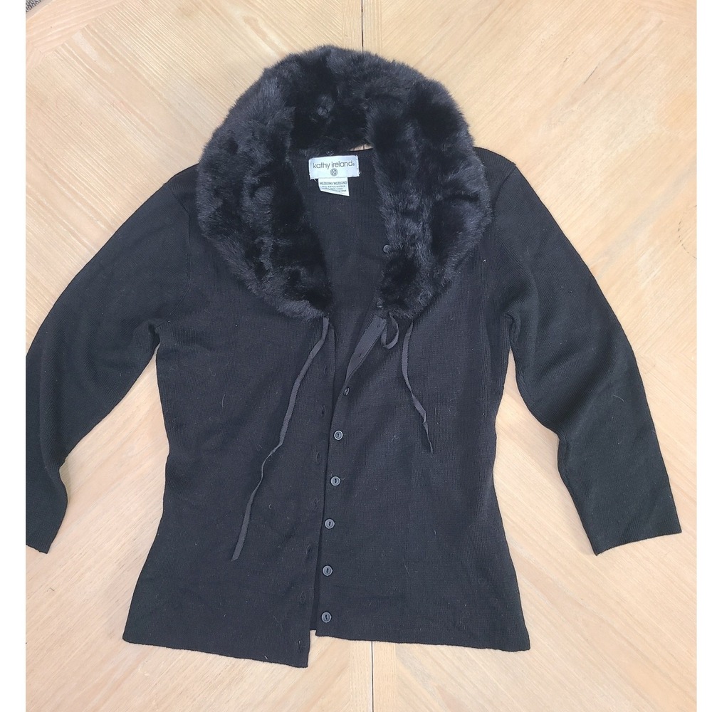 Kathy Ireland Cardigan Women Medium Black Faux Fur Collar Y2K Ribbon